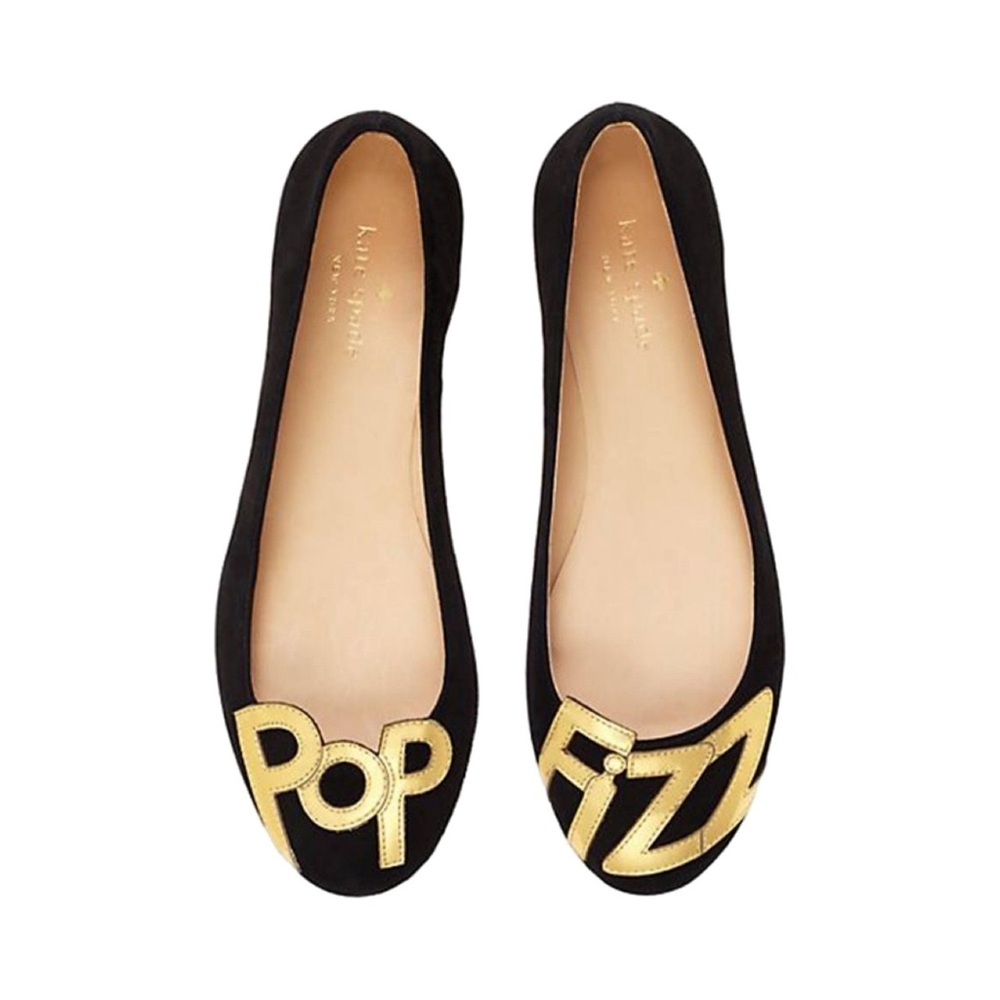 Kate Spade New York Toast Printed “ Gold Pop Fizz" Black Suede Flats Size 8